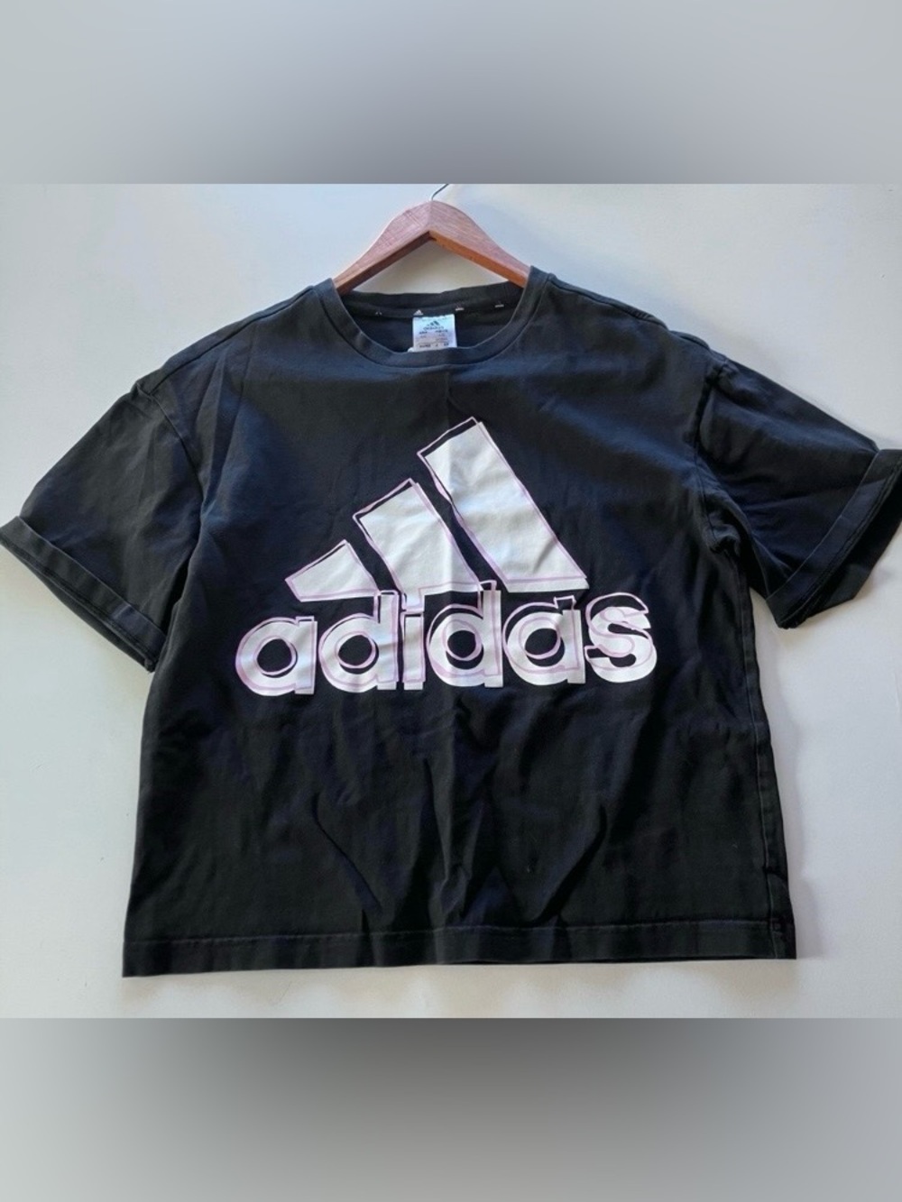 Adidas Black Cropped Graphic Tee Pastel Pink 3D Logo Boxy Short Sleeve Shirt XS